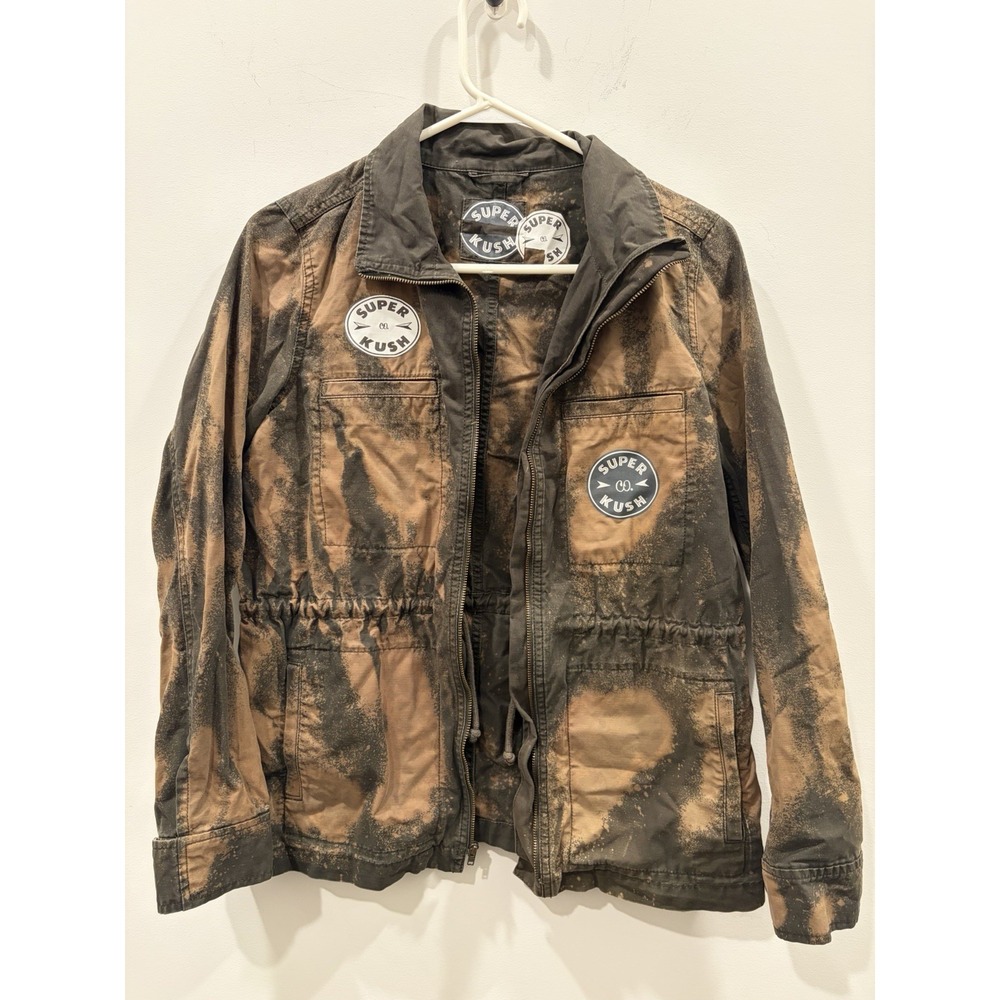 Super Kush Splatter Military Jacket Brown Black S Logo Zipper Casual